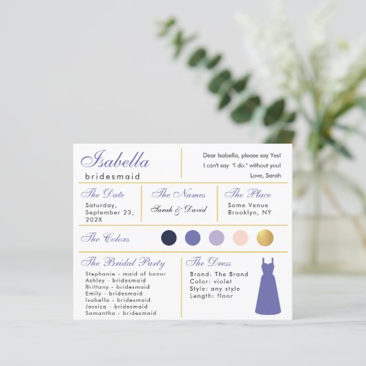 Bridesmaid Information Kaart Violet Paars Gold (Staand voorkant)