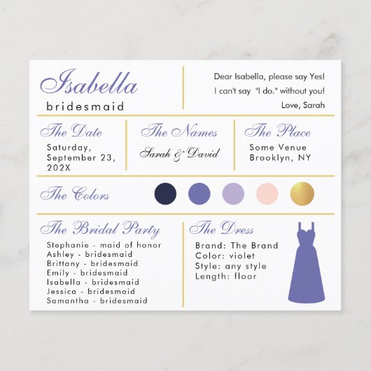 Bridesmaid Information Kaart Violet Paars Gold (Voorkant)