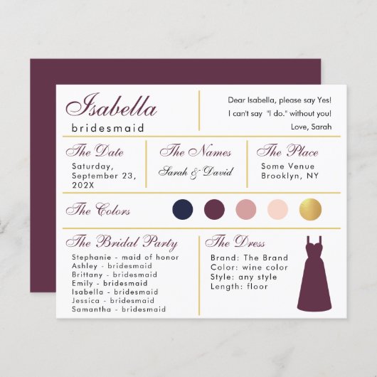 Bridesmaid Information Kaart Wine Kleur Faux Gold (Voorkant / Achterkant)