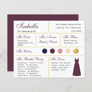 Bridesmaid Information Kaart Wine Kleur Faux Gold