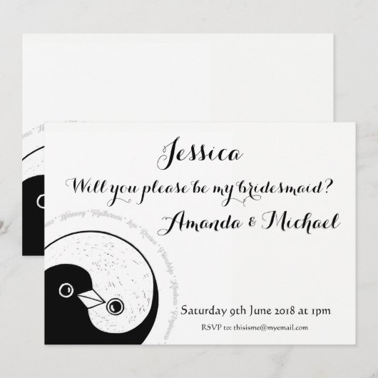 BRIDESMAID INVITE b/w duiven aanpasbaar Kaart (Voorkant / Achterkant)
