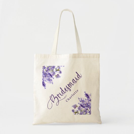 Bridesmaid lavender florals violet script bruiloft tote bag (Voorkant)
