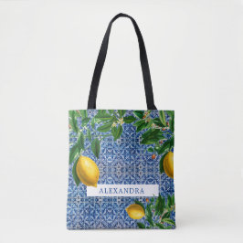 Bridesmaid Lemons Blue Tiles Personal Tote Bag