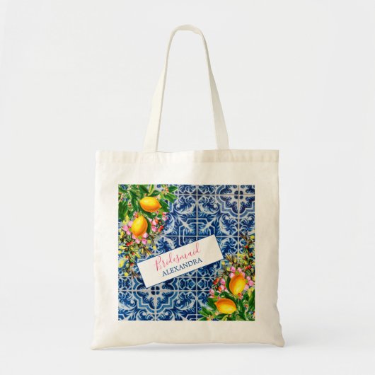Bridesmaid Lemons Floral Blue White Tile Tote Bag (Voorkant)