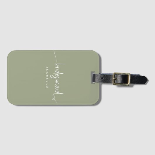 Bridesmaid Modern Minimalist Script Sage Green Bagagelabel (Voorkant (horizontaal))
