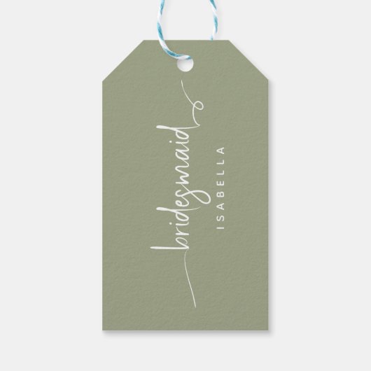 Bridesmaid Modern Minimalist Script Sage Green Cadeaulabel (Achterkant)