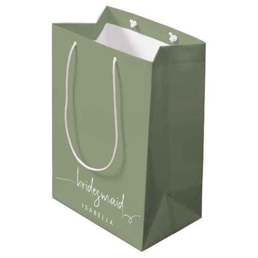 Bridesmaid Modern Minimalist Script Sage Green Medium Cadeauzakje (Achterkant Gekanteld)