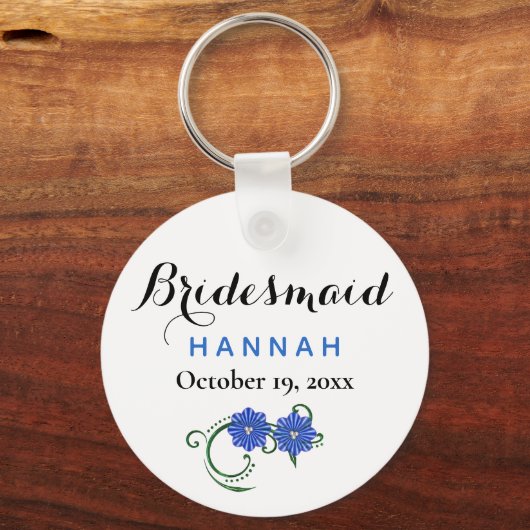 Bridesmaid Modern Typography Blue Flowers Wedding Sleutelhanger (Voorkant)