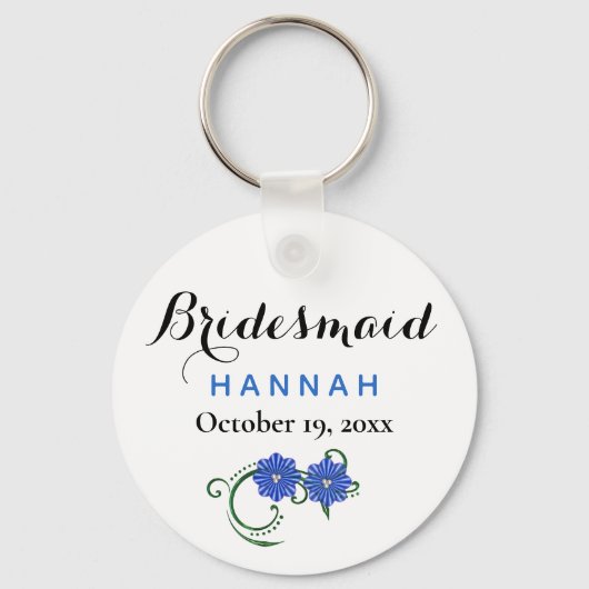 Bridesmaid Modern Typography Blue Flowers Wedding Sleutelhanger (Achterkant)