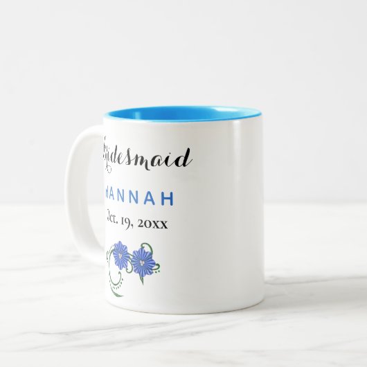 Bridesmaid Modern Typography Blue Flowers Wedding Tweekleurige Koffiemok (Voorkant links)