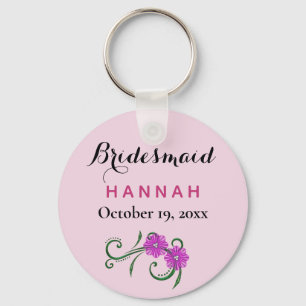 Bridesmaid Modern Typography Pink Flowers Wedding Sleutelhanger