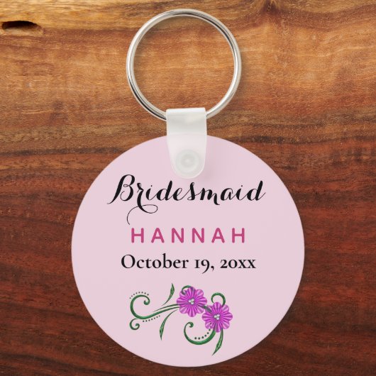 Bridesmaid Modern Typography Pink Flowers Wedding Sleutelhanger (Achterkant)