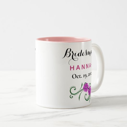 Bridesmaid Modern Typography Pink Flowers Wedding Tweekleurige Koffiemok (Voorkant rechts)