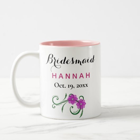 Bridesmaid Modern Typography Pink Flowers Wedding Tweekleurige Koffiemok (Links)