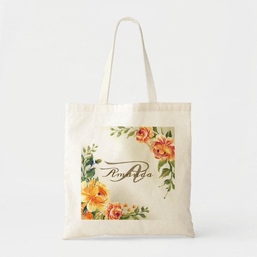 Bridesmaid Monogram Wedding Party Oranje Floral Tote Bag (Voorkant)