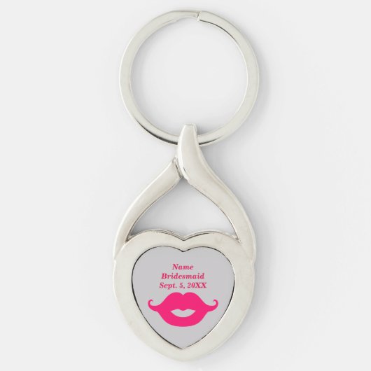 Bridesmaid Pink Mustache Twisted Heart Keychain (Voorkant)
