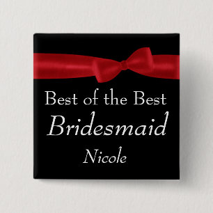 BRIDESMAID Red Bow Weddenschap Aangepaste naam Vierkante Button 5,1 Cm
