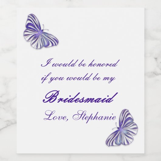 Bridesmaid Request Paars Butterfly Wijn Etiket (Enkel label)