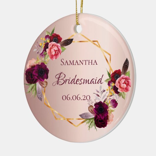 Bridesmaid roos gold florals bogundy name keramisch ornament (Links)