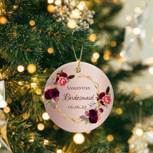 Bridesmaid roos gold florals bogundy name keramisch ornament
