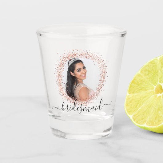 Bridesmaid roos Gold foto glitter name script Shot Glas (Voorkant)