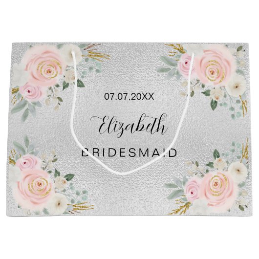 Bridesmaid Silver Blush roze bloemen bruiloft Groot Cadeauzakje (Voorkant)
