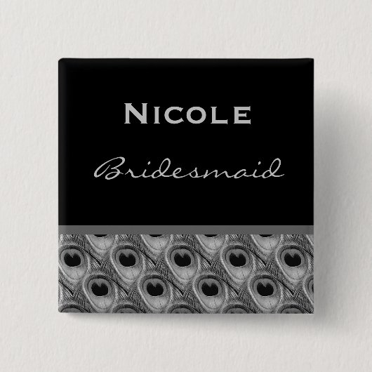 Bridesmaid Silver en Black Peacock Wedding Vierkante Button 5,1 Cm (Voorkant)