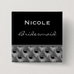 Bridesmaid Silver en Black Peacock Wedding Vierkante Button 5,1 Cm