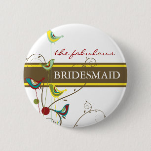 BRIDESMAID Summer Birds and Swirls Wedding Button