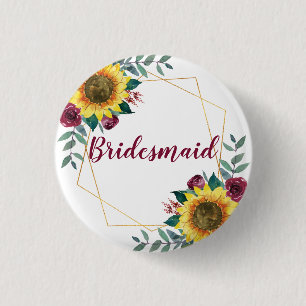 Bridesmaid Sunflower Geometric Burgundy Ronde Button 3,2 Cm