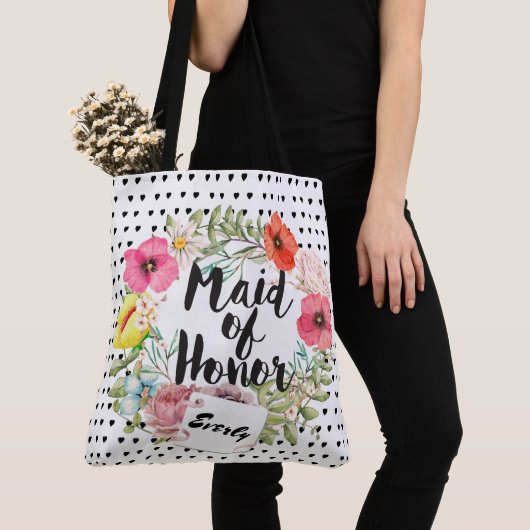 Bridesmaid Typography Waterverf Floral Wreath Tote Bag (Dichtbij)