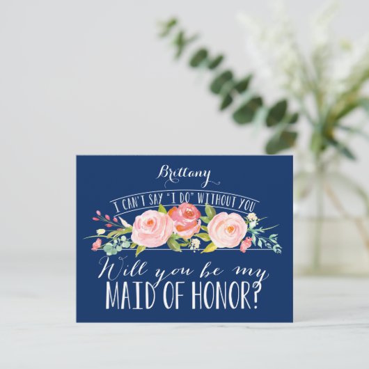Bridesmaid van de Floral Navy Maid of Honor Card Kaart (Staand voorkant)