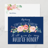 Bridesmaid van de Floral Navy Maid of Honor Card Kaart (Voorkant / Achterkant)