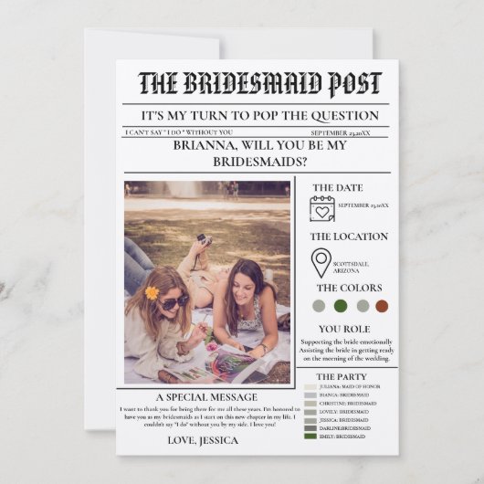 Bridesmaid voorstel krant + Bridesmaid info kaart (Voorkant)