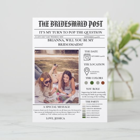 Bridesmaid voorstel krant + Bridesmaid info kaart (Staand voorkant)