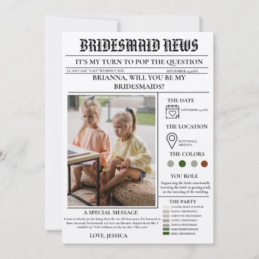 Bridesmaid voorstel krant + Bridesmaid info kaart (Voorkant)
