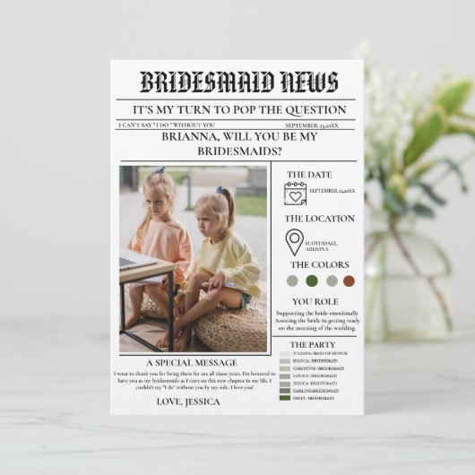 Bridesmaid voorstel krant + Bridesmaid info kaart (Staand voorkant)