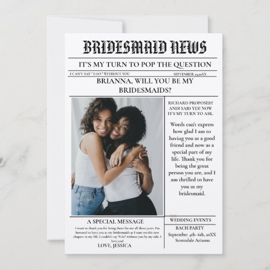 Bridesmaid voorstel krant + Bridesmaid info kaart (Voorkant)
