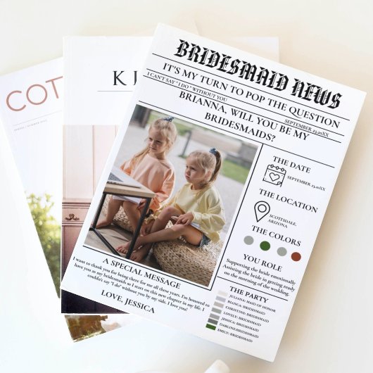 Bridesmaid voorstel krant + Bridesmaid info kaart