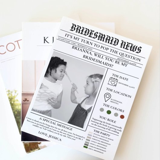 Bridesmaid voorstel krant + Bridesmaid info kaart