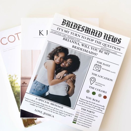 Bridesmaid voorstel krant + Bridesmaid info kaart