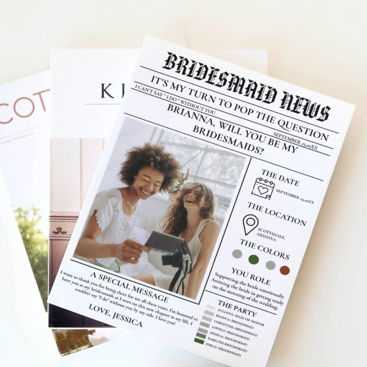 Bridesmaid voorstel krant + Bridesmaid info kaart