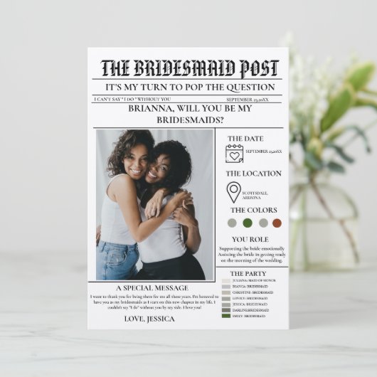 Bridesmaid voorstel krant + Bridesmaid info kaart (Staand voorkant)