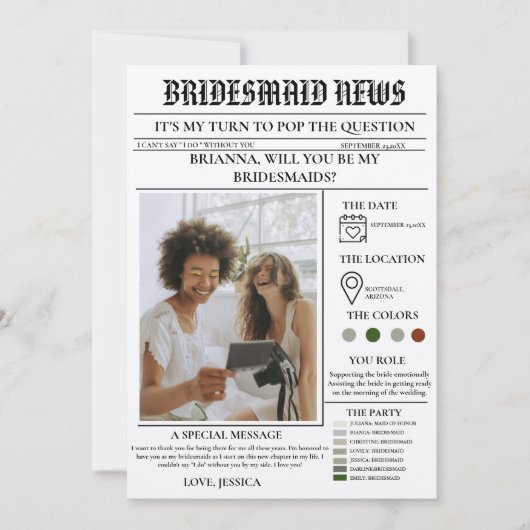 Bridesmaid voorstel krant + Bridesmaid info kaart (Voorkant)