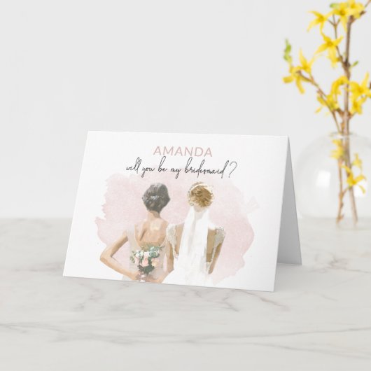Bridesmaid Voorstel Roze Waterverf Aangepaste naam Kaart (Gele Bloem)