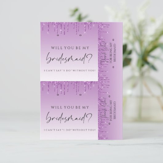 Bridesmaid-voorstellen Paarse Drip Glitter Earring Bedankkaart (Staand voorkant)