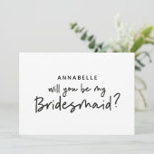 Bridesmaid vraagt moderne zwarte witte typografie kaart (Staand voorkant)