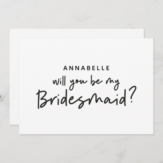 Bridesmaid vraagt moderne zwarte witte typografie kaart (Voorkant / Achterkant)