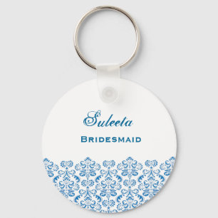 Bridesmaid Wedding Favor Blue Damask B039 Sleutelhanger