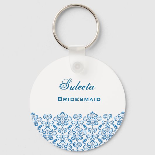 Bridesmaid Wedding Favor Blue Damask B039 Sleutelhanger (Voorkant)